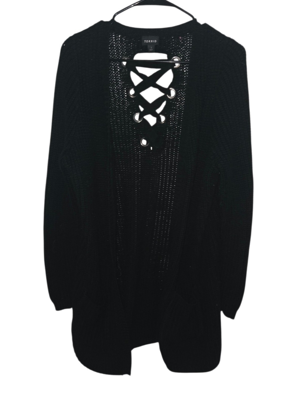 Torrid Black Lace-Up Back Open Knit Cardigan Sweater Size 1
